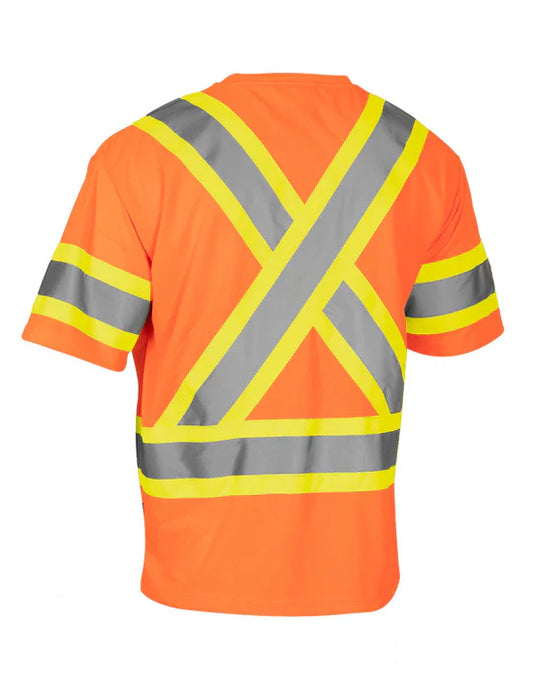 Hi Vis - Crew Neck Short Sleeve Safety Tee Shirt with Chest Pocket and Arm Bands