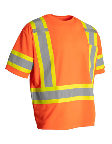 Hi Vis - Crew Neck Short Sleeve Safety Tee Shirt with Chest Pocket and Arm Bands