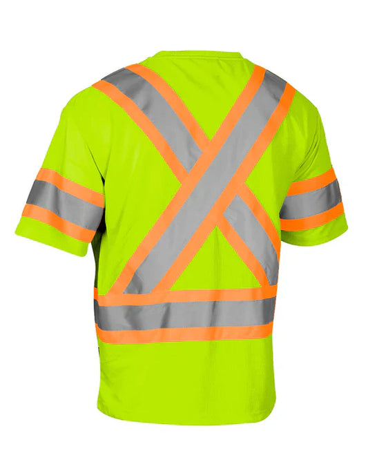 Hi Vis Crew Neck Short Sleeve Safety Tee Shirt with Chest Pocket and Arm Bands