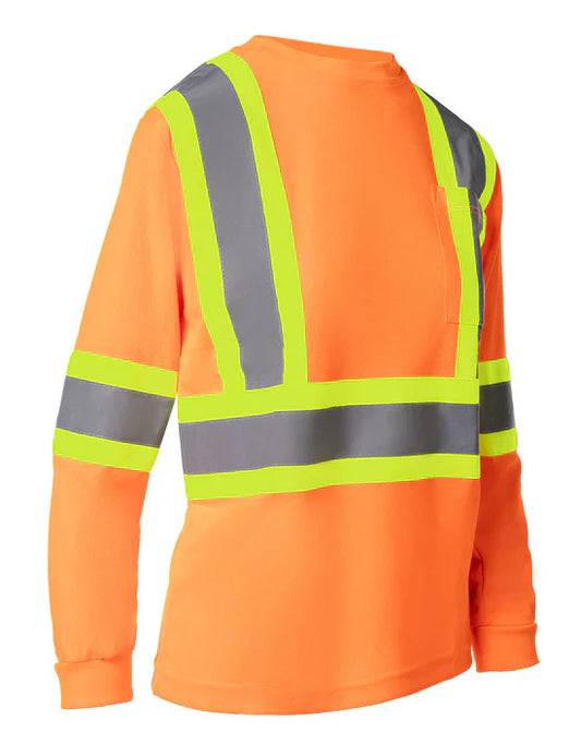 Hi Vis - Women's Crew Neck Long Sleeve Safety Tee Shirt with Chest Pocket