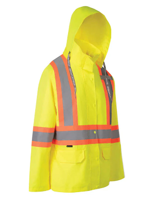 Hi-Vis Women's Safety Rain Jacket with Snap-Off Hood