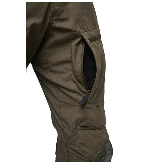 Ventilation opening at inside leg for heat regulation.