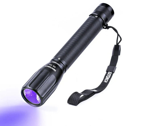NEXTORCH - C2 flashlight UV version，405 nm wavelength. Powered by 2 x AA battery. IPX7  waterproof. Knurling anti-skid surface