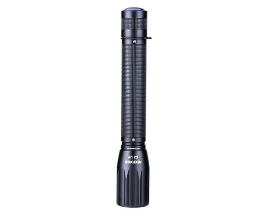 NEXTORCH - C2 flashlight UV version，405 nm wavelength. Powered by 2 x AA battery. IPX7  waterproof. Knurling anti-skid surface
